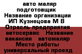 авто маляр подготовщик  › Название организации ­ ИП Кузнецова М.В. › Отрасль предприятия ­ автосервис › Название вакансии ­ автомаляр › Место работы ­ универсальный проезд 14 › Минимальный оклад ­ 80 000 › Максимальный оклад ­ 160 000 - Липецкая обл., Липецк г. Работа » Вакансии   